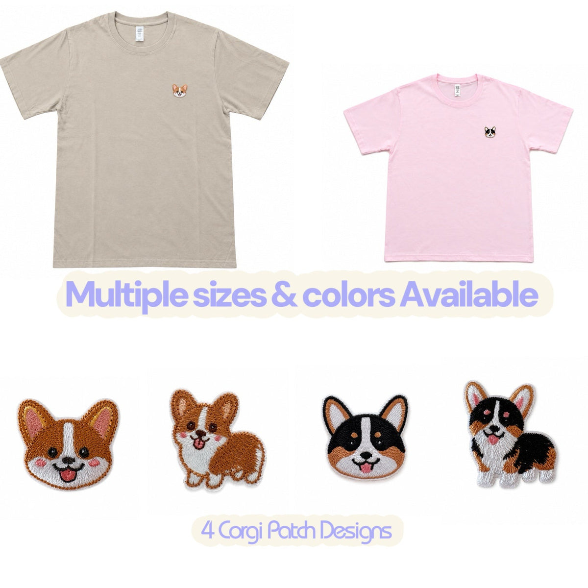 A light pink short-sleeve crewneck t-shirt with a small embroidered corgi dog on the left chest, displayed flat against a white background.