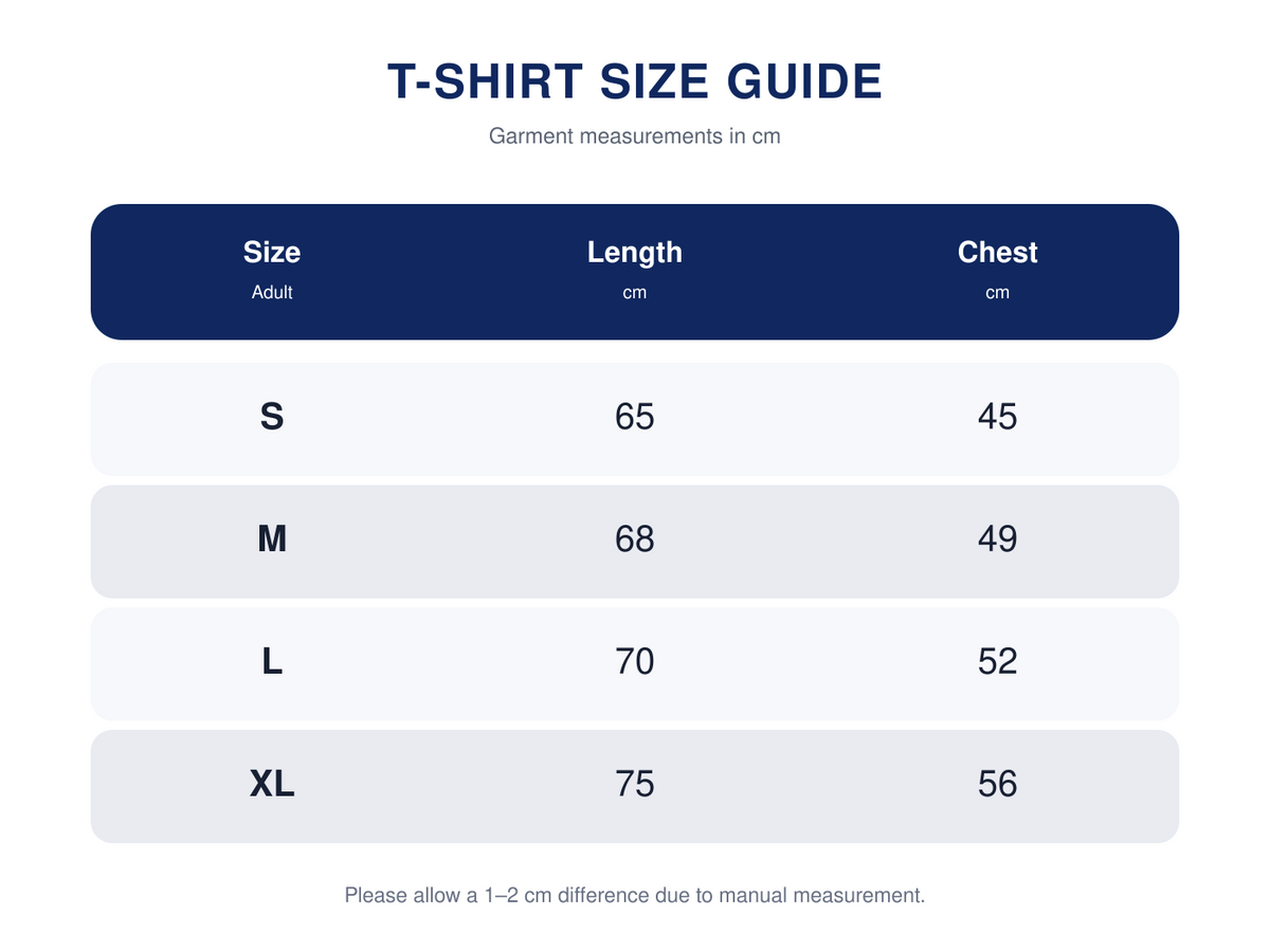 A size guide table for adult T-shirts showing measurements in centimeters for sizes S, M, L, and XL, with columns for Size, Length, and Chest.