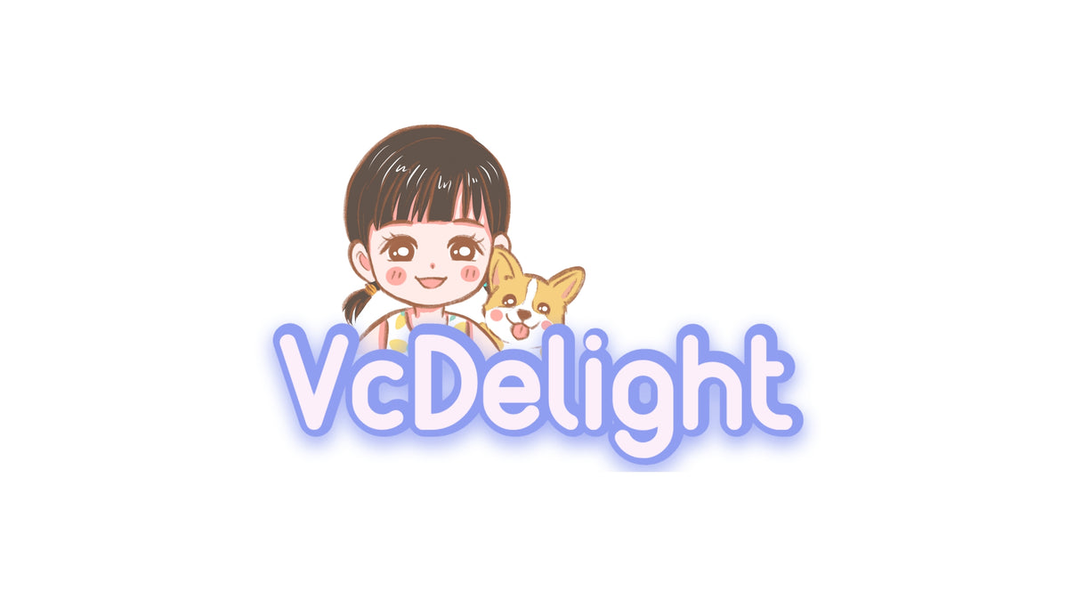 A cartoon-style logo on a white background showing a smiling girl with dark hair holding a small orange cat above the text 'VcDelight' in large rounded purple letters with a blue glow.