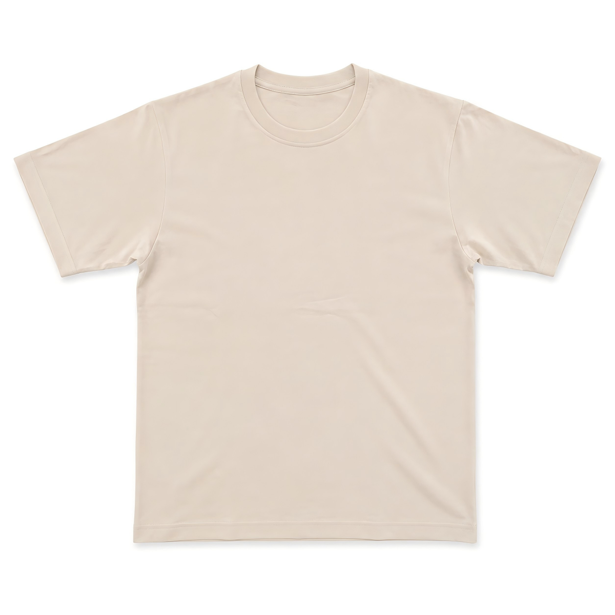 A plain short-sleeve crewneck t-shirt in a light beige or cream color, laid flat against a solid white background.