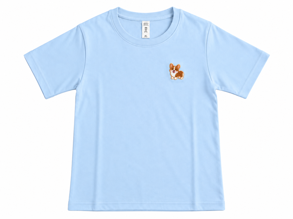 A light blue short-sleeve crewneck t-shirt with a small embroidered corgi dog on the left chest, displayed flat against a white background.