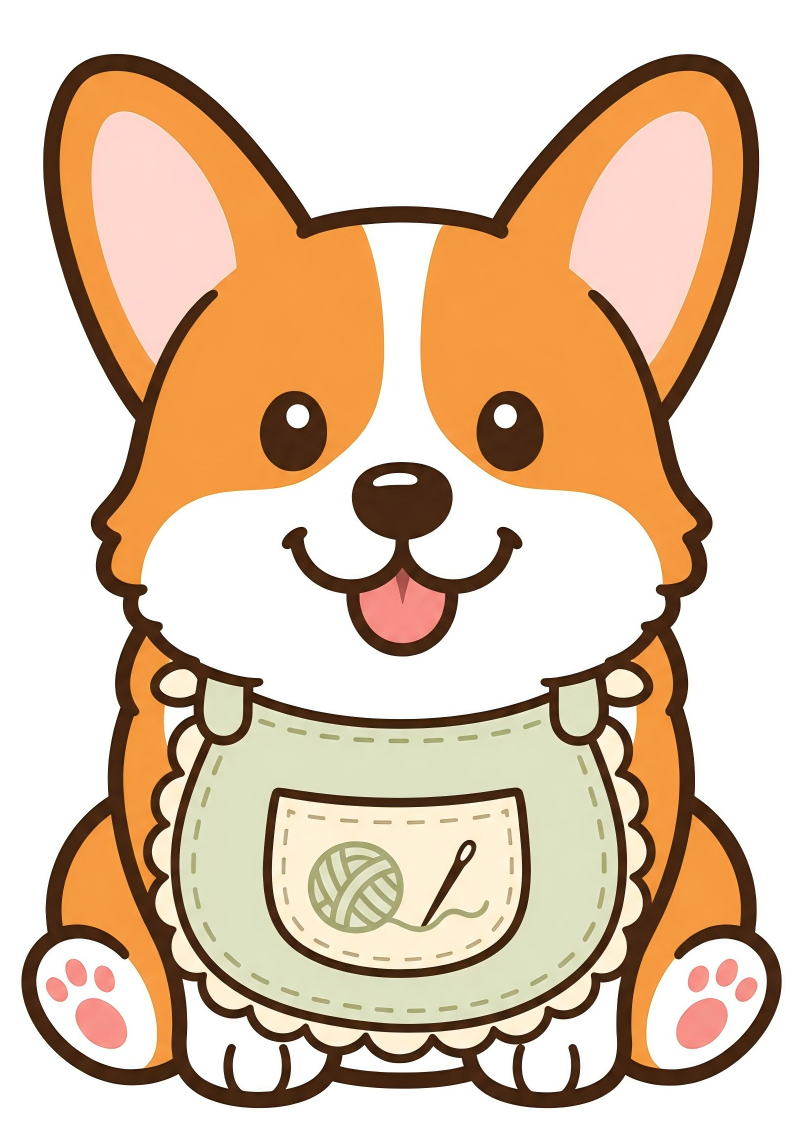 A cute cartoon corgi wearing a light green apron with a yarn-and-sewing patch, centered on a plain white background.