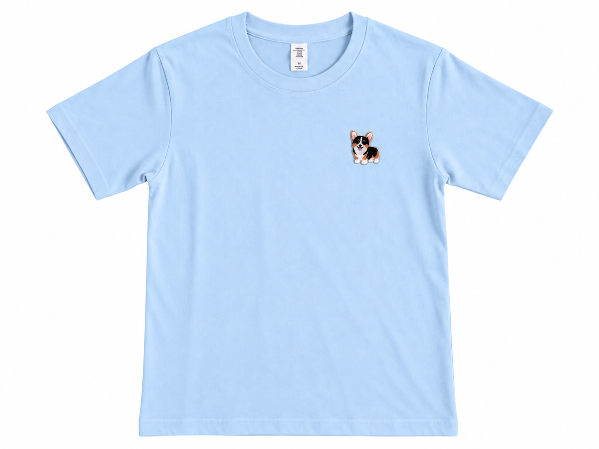A light blue short-sleeve crewneck t-shirt with a small embroidered corgi dog graphic on the left chest, displayed flat against a white background.