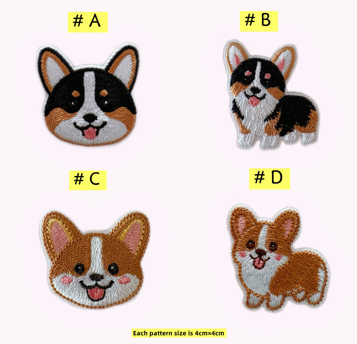 Four embroidered corgi patch designs labeled #A, #B, #C, and #D on a pale pink background, with text noting each pattern size is 4cm x 4cm.