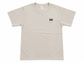 A light beige crewneck t-shirt with a small embroidered French Bulldog face on the left chest, displayed flat against a white background.