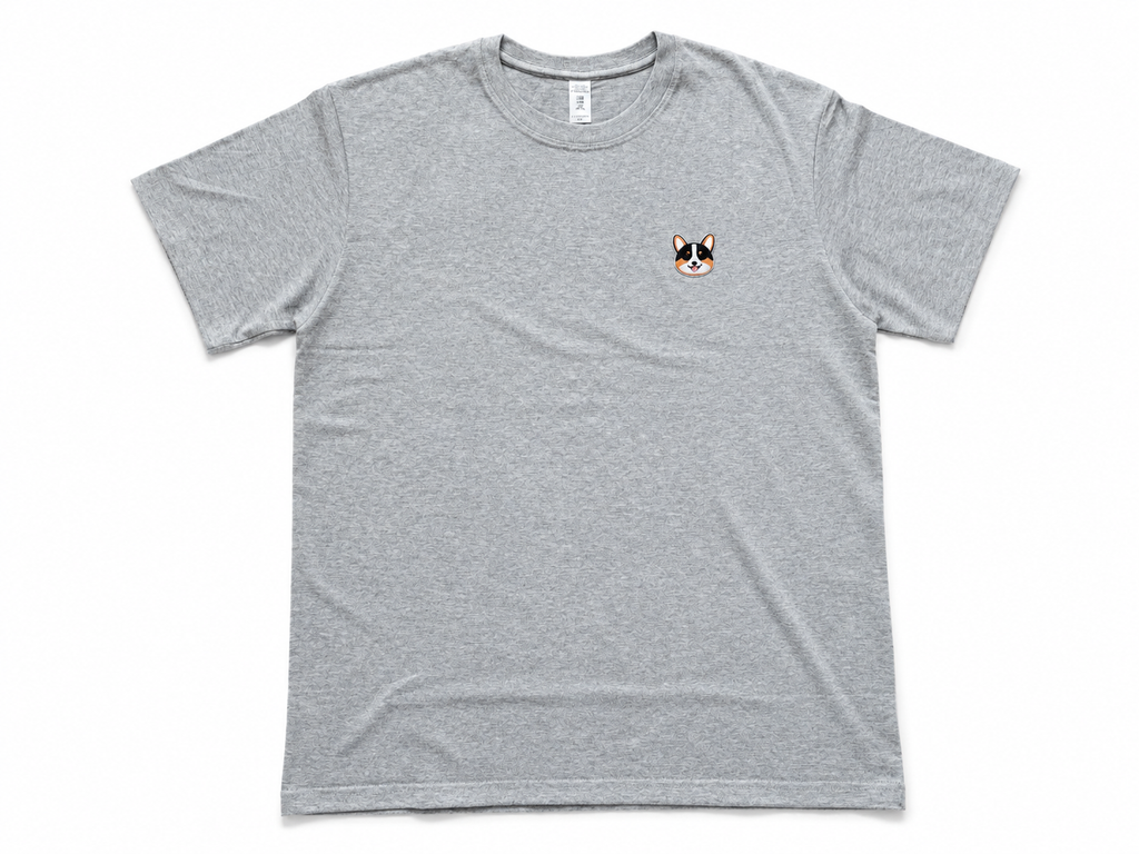 A heather gray short-sleeve crewneck t-shirt with a small embroidered corgi dog face graphic on the left chest, displayed flat against a white background.