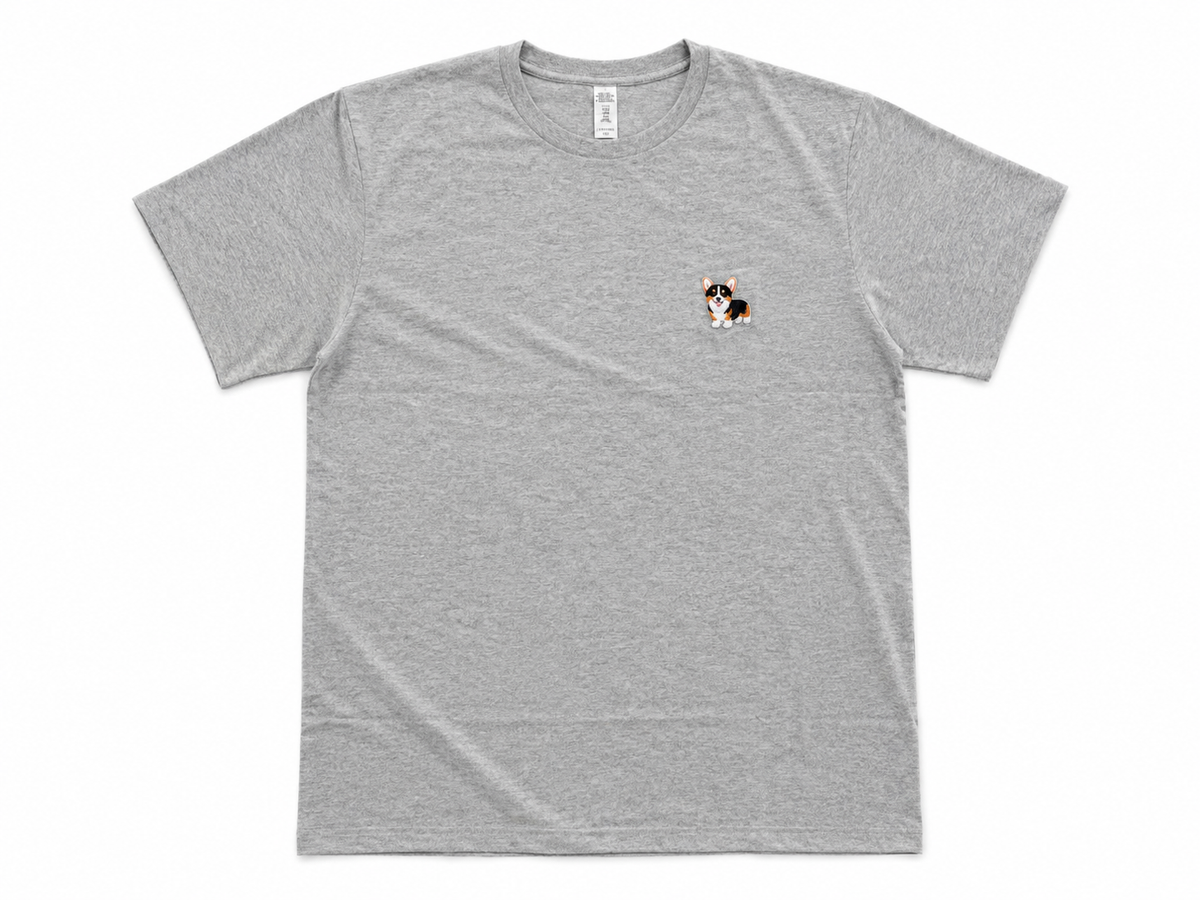 A heather gray short-sleeve crewneck t-shirt with a small cartoon corgi dog graphic on the left chest, displayed flat against a white background.