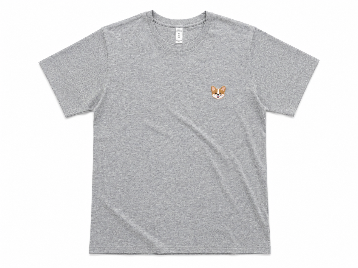 A heather gray short-sleeve crewneck t-shirt with a small embroidered corgi dog face on the left chest, displayed flat against a white background.