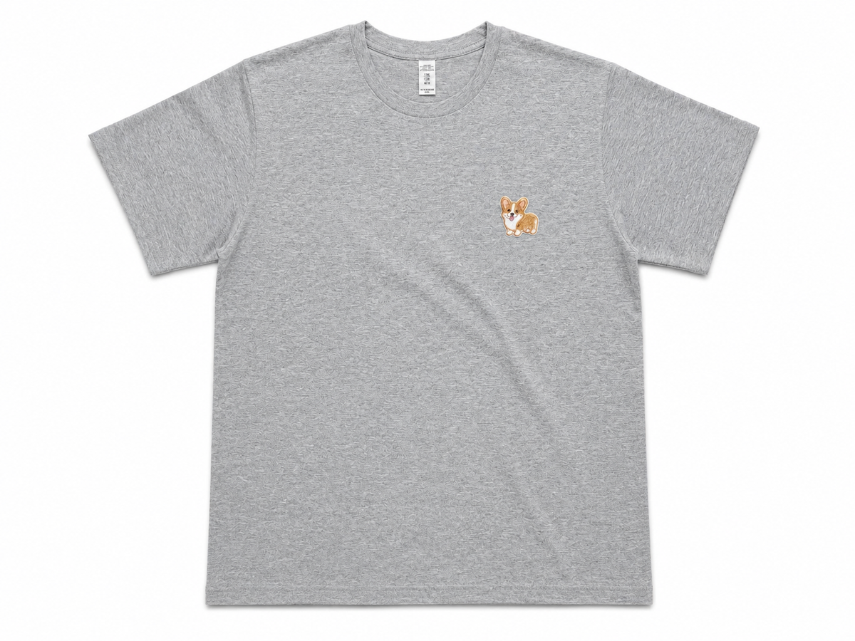 A heather gray short-sleeve crewneck t-shirt with a small embroidered corgi on the left chest, displayed flat against a white background.