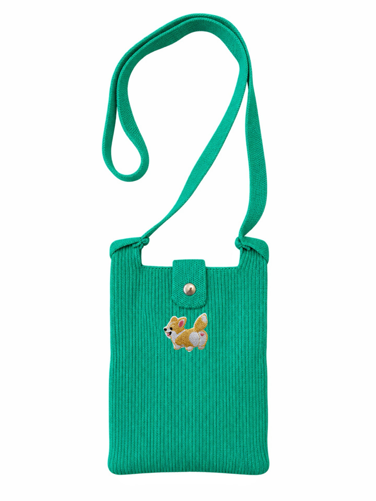 A green ribbed knit crossbody phone bag with a long shoulder strap, a snap-button closure, and a small embroidered corgi patch on the front