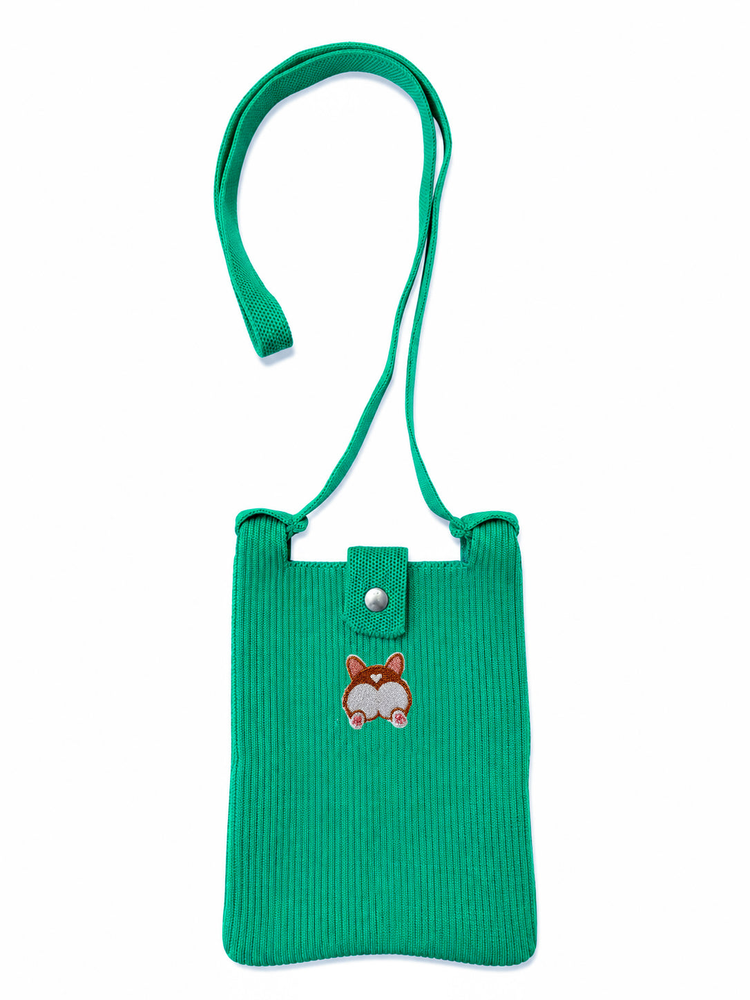 A bright green ribbed fabric crossbody bag with a matching adjustable strap, featuring a small embroidered corgi dog on the front flap and a silver snap button.