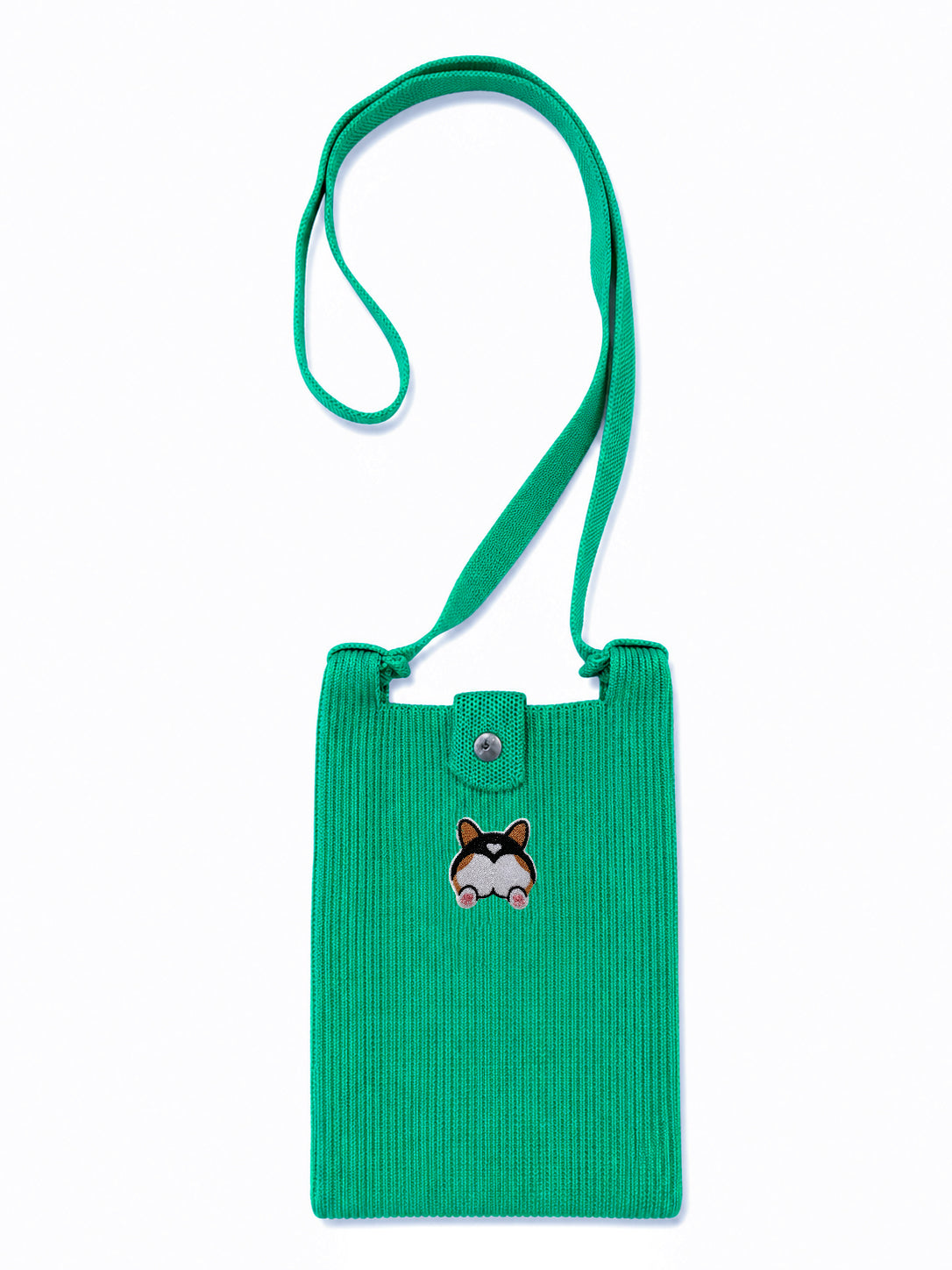 A bright green ribbed fabric crossbody bag with a matching shoulder strap, featuring a small embroidered corgi face patch on the front and a silver snap button closure.