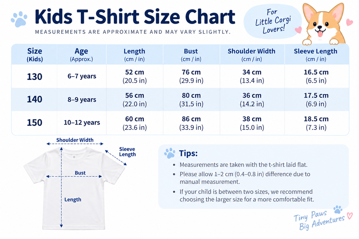 Kids T-Shirt Size Chart infographic with a size table for sizes 130, 140, and 150, including age ranges, length, bust, shoulder width, and sleeve length in centimeters and inches. It also shows a labeled diagram of a white T-shirt with measurements and small cartoon dog illustrations.