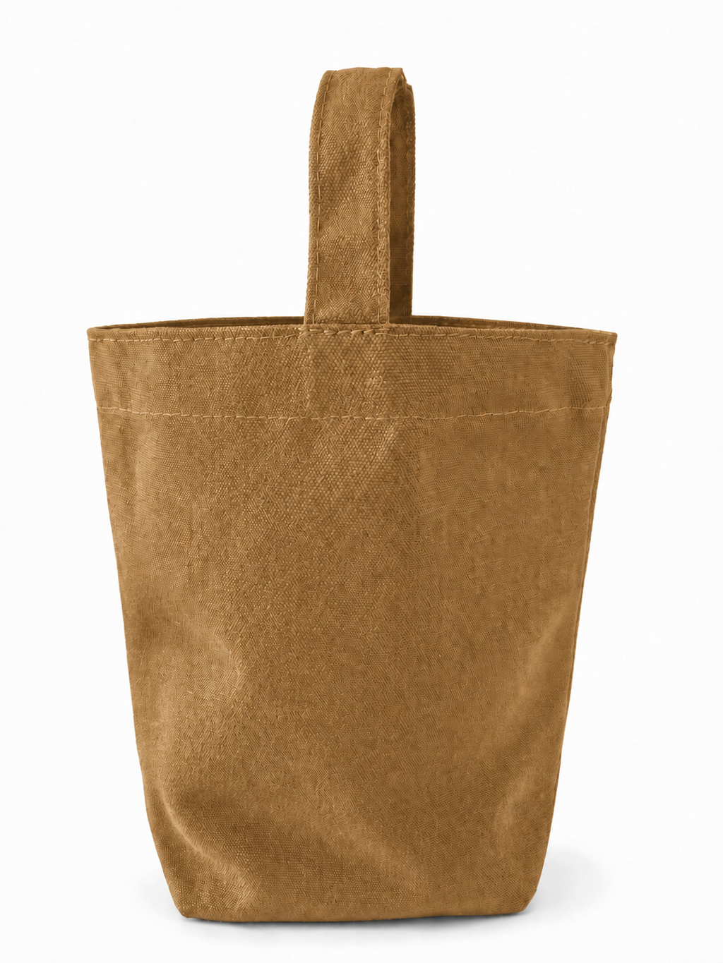 A brown canvas tote bag with a single top handle, shown against a plain white background.