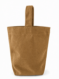 A brown canvas tote bag with a single top handle, shown against a plain white background.
